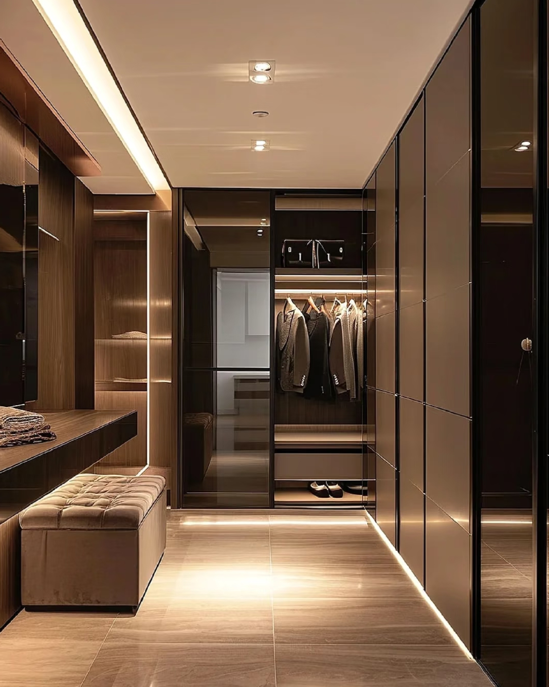 Modern walk-in closet with warm lighting and tiled floors.
