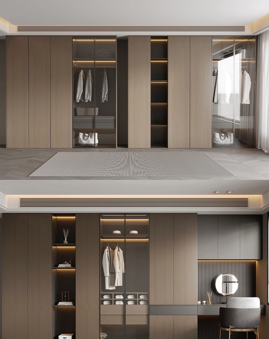 Modern wardrobe and dressing table in minimalist bedroom.