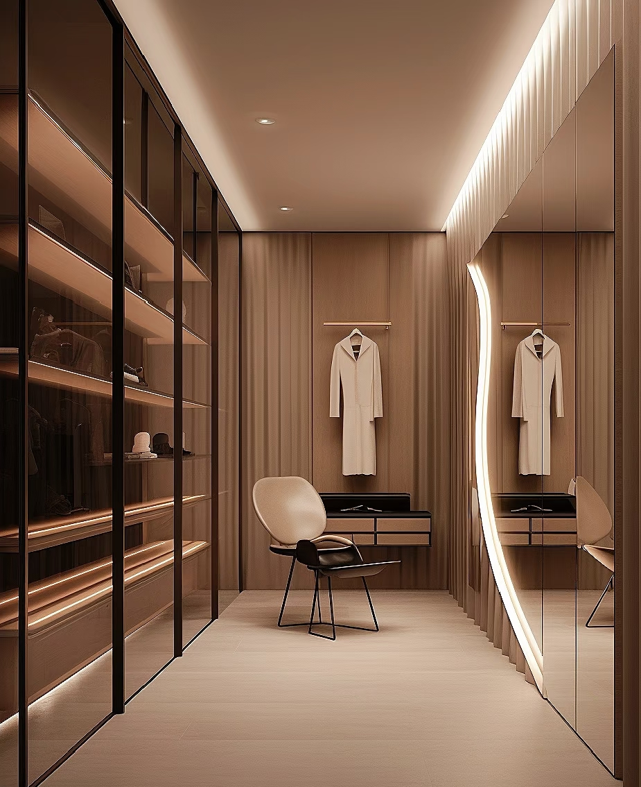 Modern walk-in closet with lighted shelves, wavy mirror, and chair.