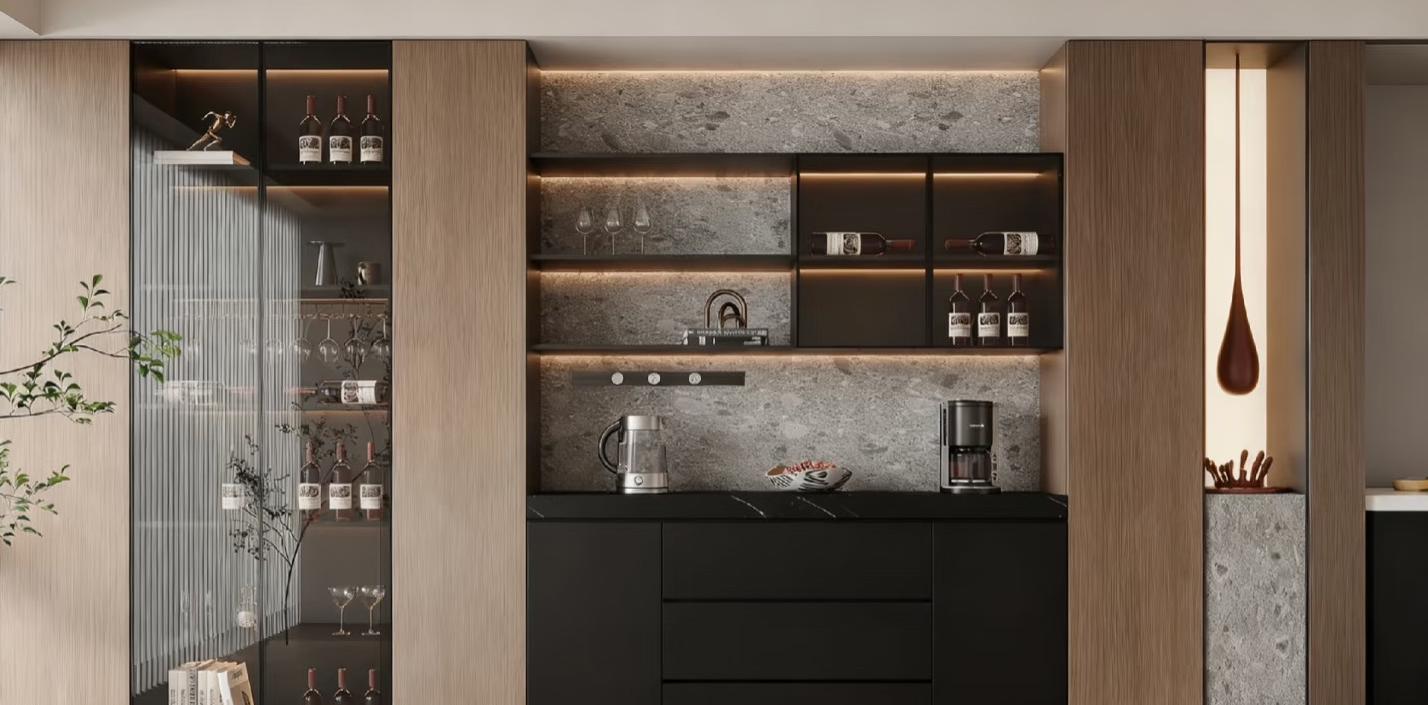 Light Luxury Wine Cabinet Display with Glass Doors & LED Lighting