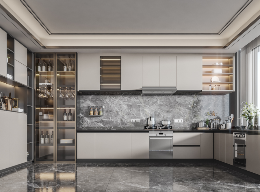 Modern kitchen with light gray cabinets, marble backsplash, and illuminated display shelves.