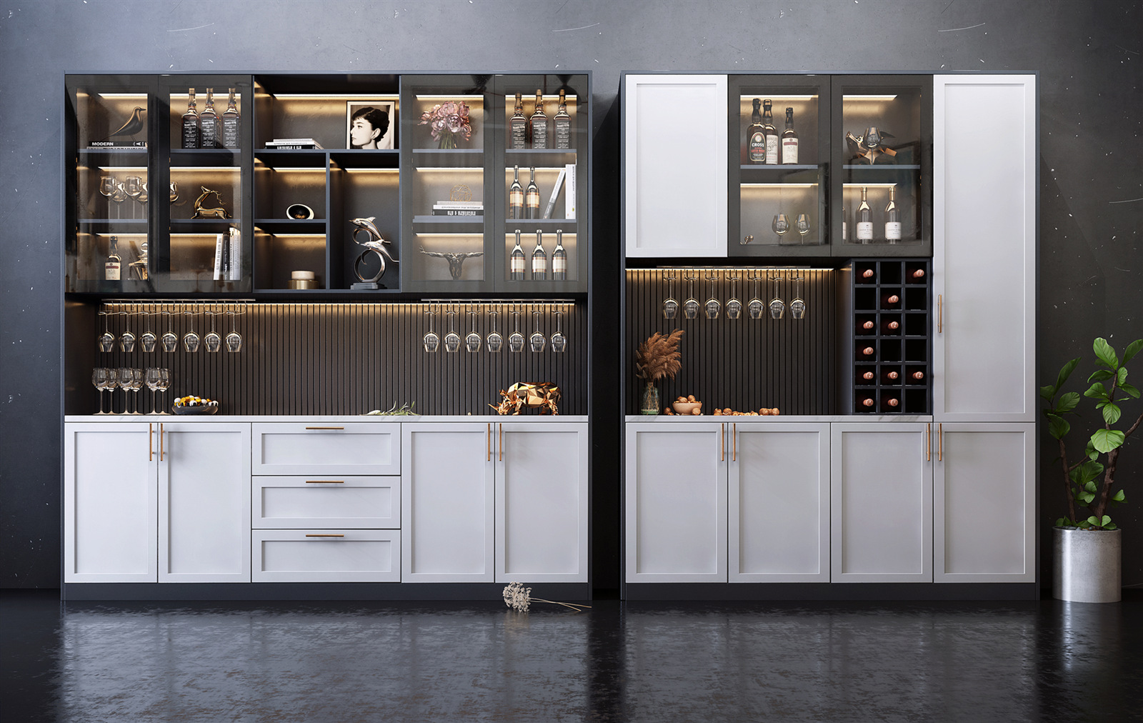 Modern built-in bar cabinets with white doors, gray framed glass shelves, and wine rack.