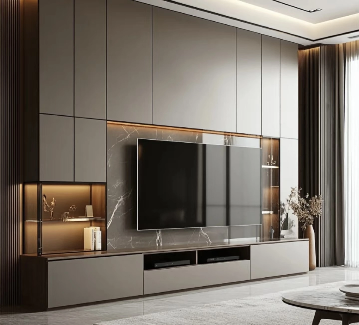 EB Metal High Glossy TV Cabinet with Glass Door – Hidden Lighting & Modular Storage Solution