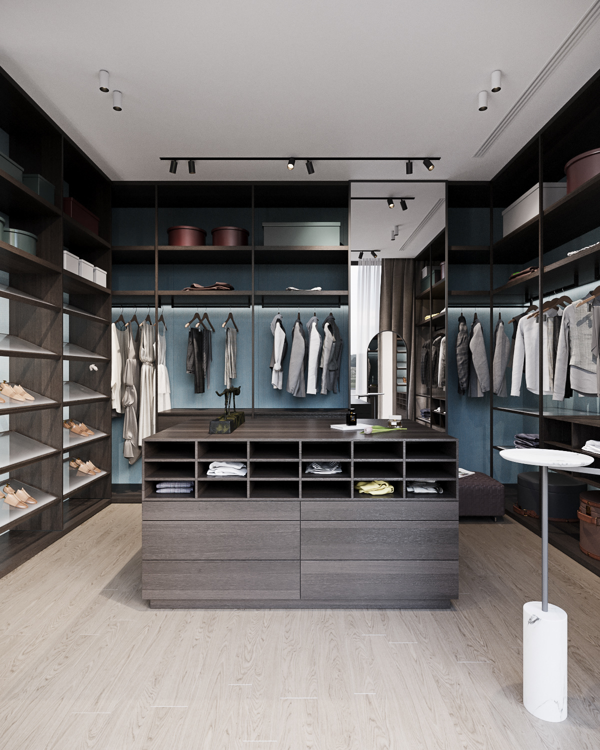 Spacious walk-in closet with custom shelving and a central island unit.